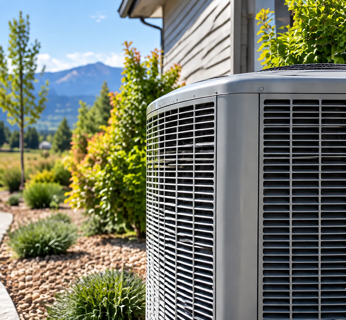 Outdoor air conditioning condenser beside a gray-sided home, with shrubs, gravel landscaping and mountains in the distance on a sunny day