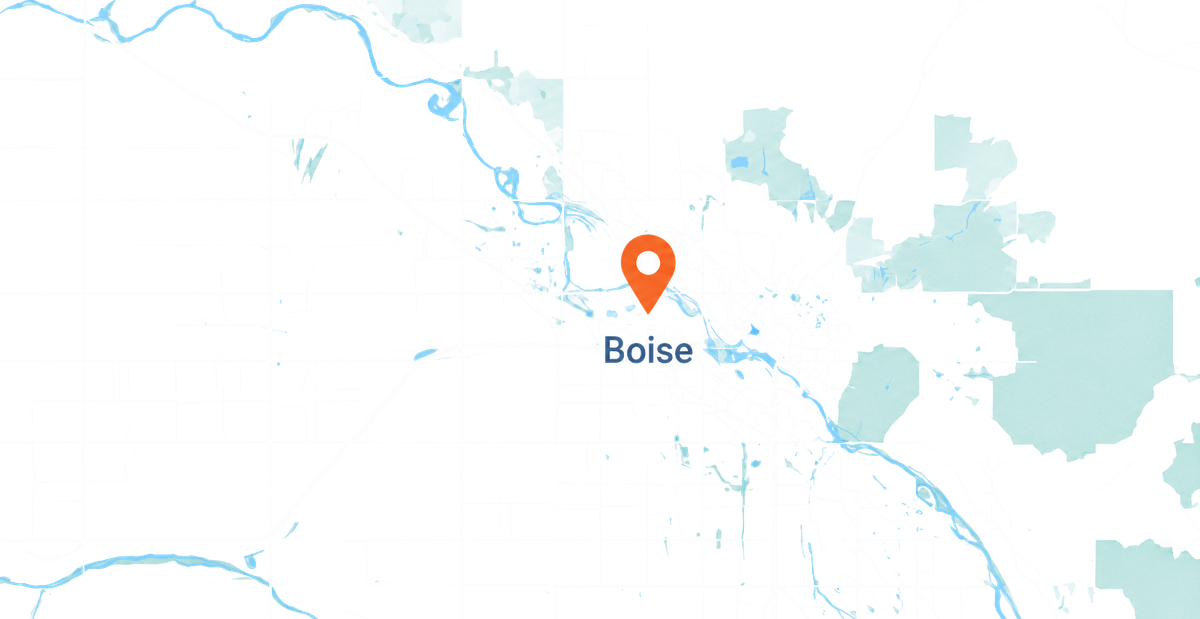 Pale blue map of the Boise area with an orange pin marking Boise